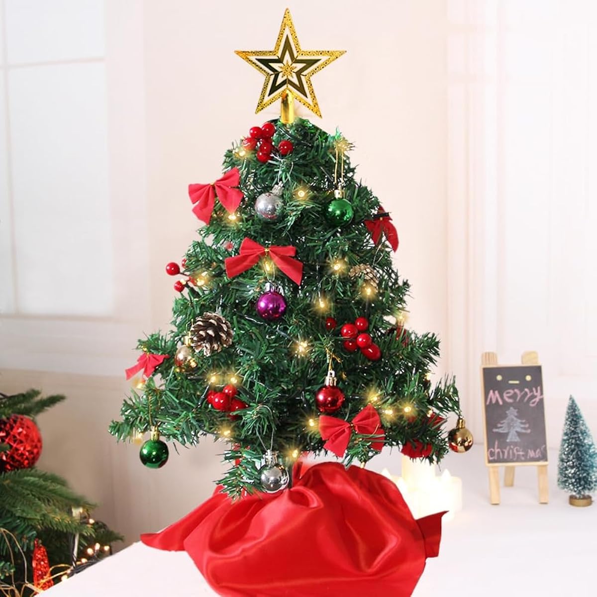 Juegoal 24" Mini Christmas Tree Set, Tabletop Artificial Christmas Tree with 50 LED Lights, Tree Topper, Ornaments, Red Berries, DIY Christmas Decorations