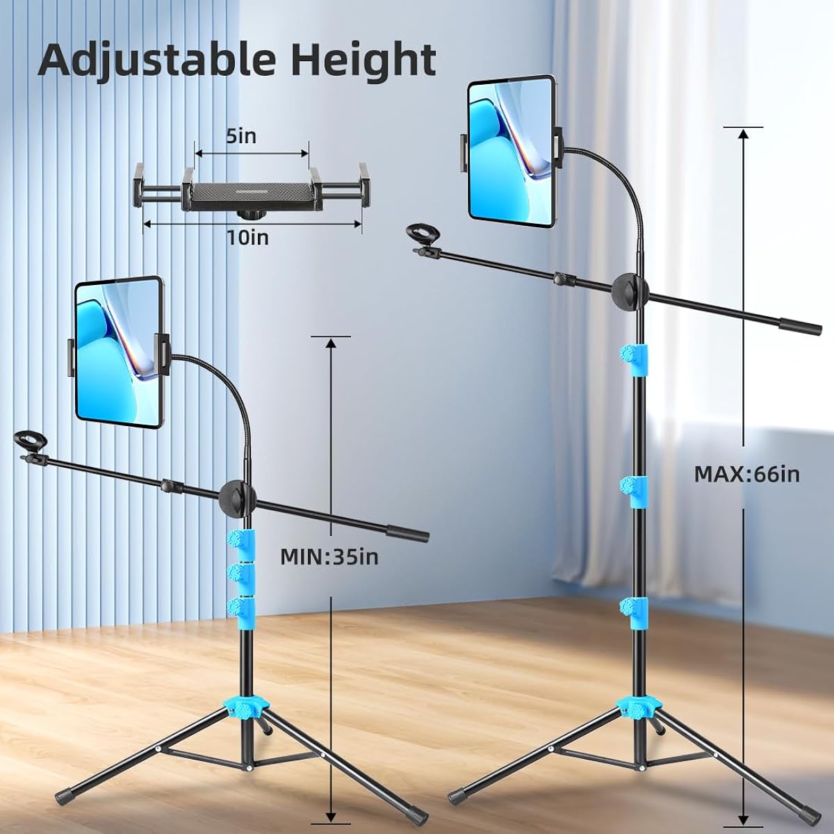 PPH-Sisy Microphone Stand Floor 6-in-1 Boom Mic Stand Tripod Adjustable 35-66 Inch Portable Gooseneck Microphone Stand with Boom Microphone Clip Tablet Cell Phone Holder Carry Bag