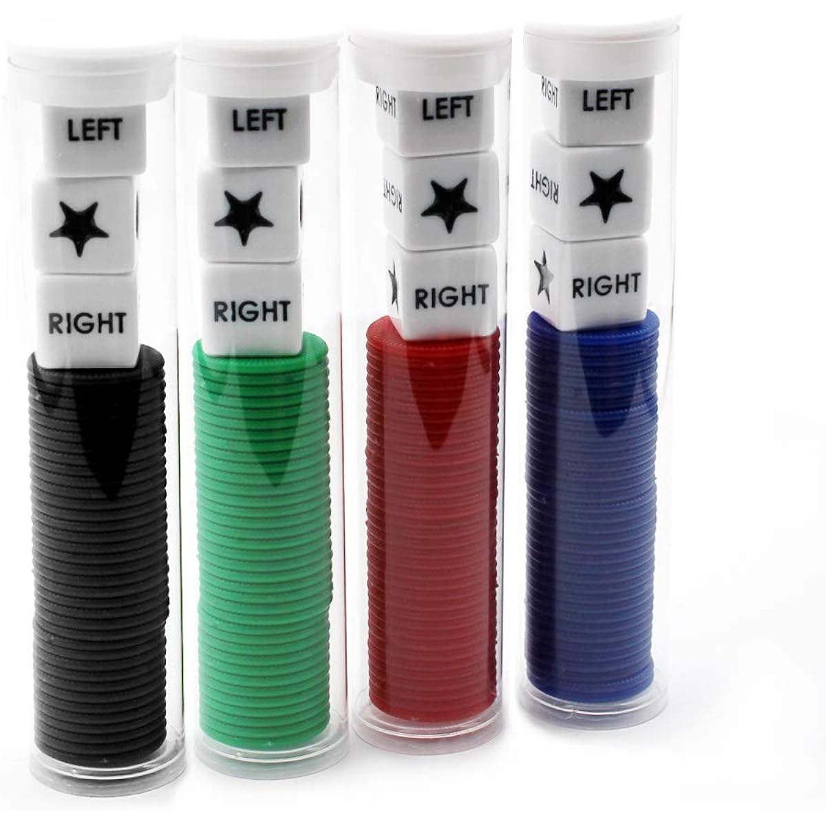 Spidfee Rigth Left Center Dice Game Set 3 Dice + 36 Chips - Set of 4 Assorted Colors - (4 Pack)