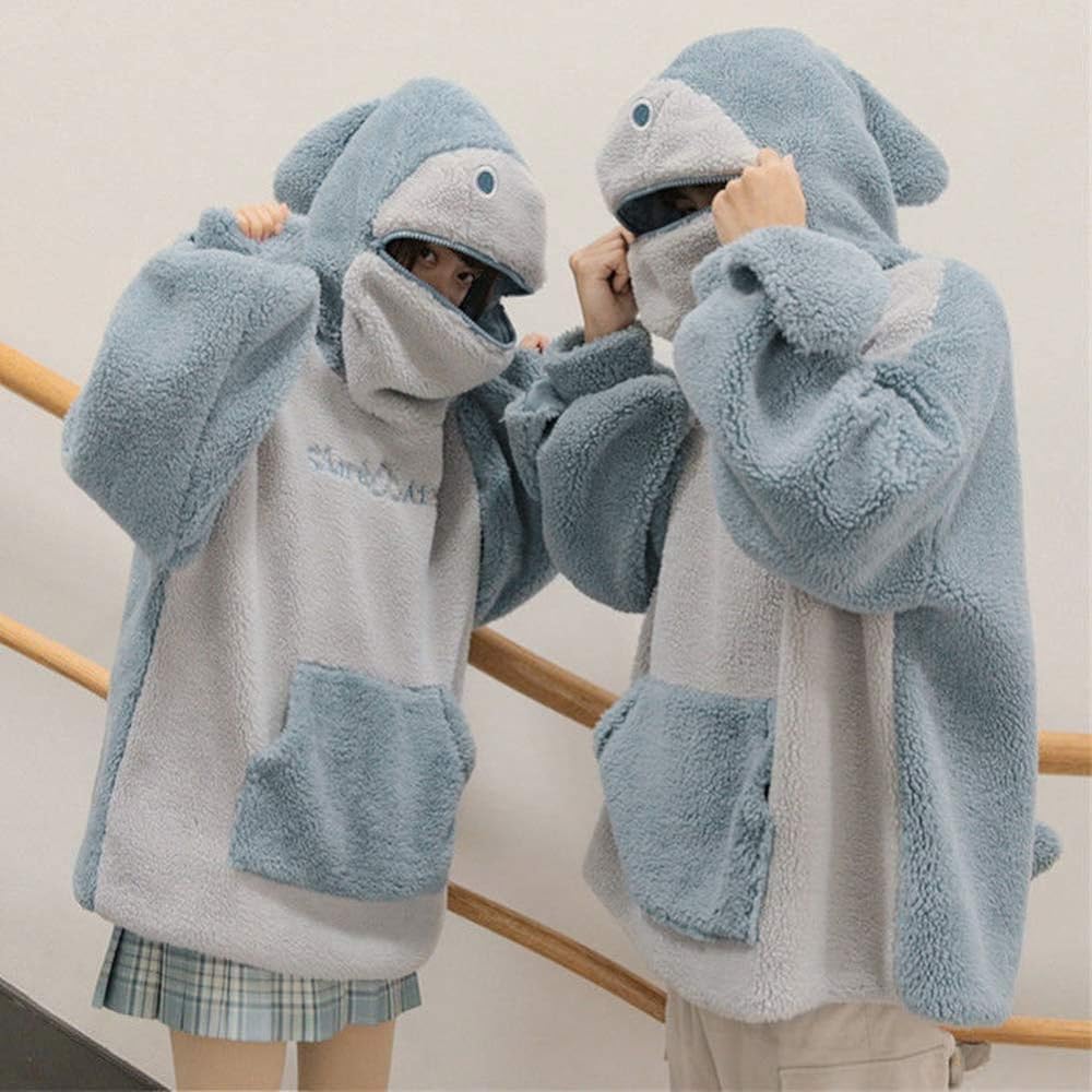 [Minesam] Women's Shark Hoodie, Hooded, Shark Pattern, Boa Sweatshirt, Fluffy, Fleece Lined, Pullover Top, Matching Look, Loungewear, Loose