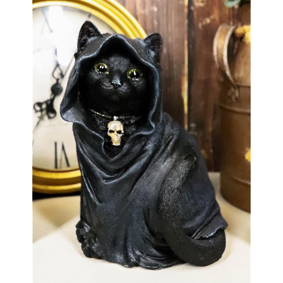 Ebros Gifts Lifelike Halloween Black Cat Zealot Wizard Cloak and Necromancer Skull Necklace Figurine Wizard Witch Wicca Occult Magical Cat Cat Decor Doll