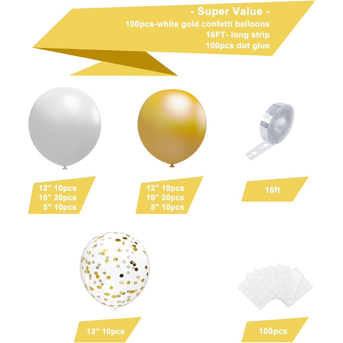 White Gold Balloon Garland Kit - 100 Pieces White Metallic Gold and Gold Confetti Latex Balloon Arch for Wedding, Baby Shower, Engagement, Birthday Party Decorations