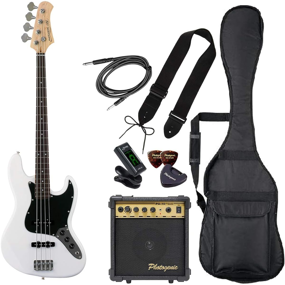 PhotoGenic Electric Bass Beginner Light Set JB Type JB-240/WH/B3P White/Black Pickguard [Soft case/shield/amplifier/tuner/strap/pick/pick case/adjustment wrench included]