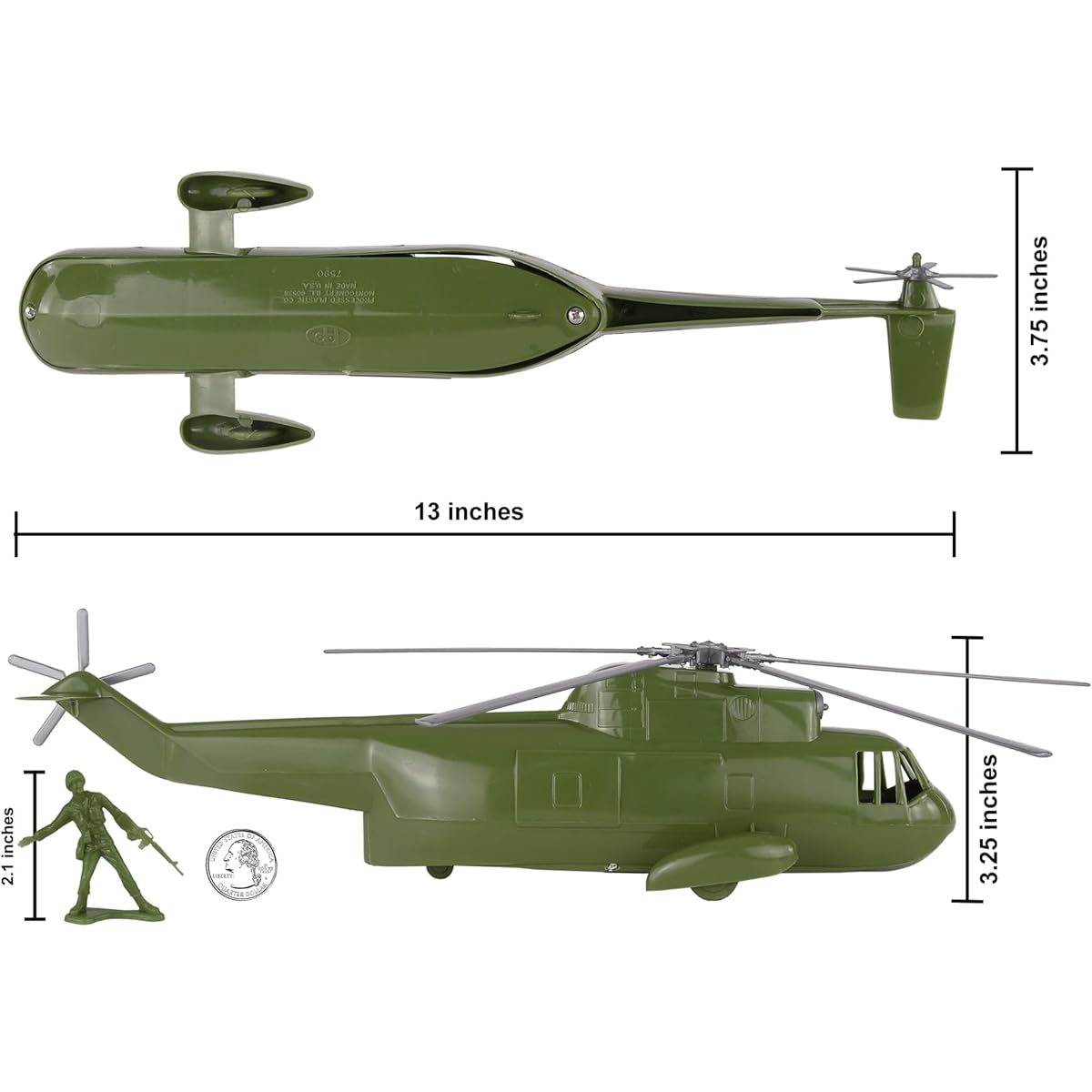 TimMee Plastic Army Men's Helicopter Playset - OD Green 26 Pieces Made in the USA