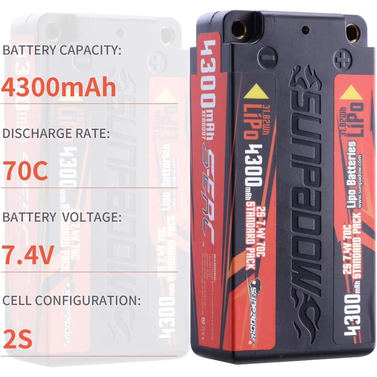 SUNPADOW 2S 7.4V Mini Lithium Battery 4300mah Hard Case 4mm Jack Plug Suitable for Various RC Remote Control Car Models (2 Count)