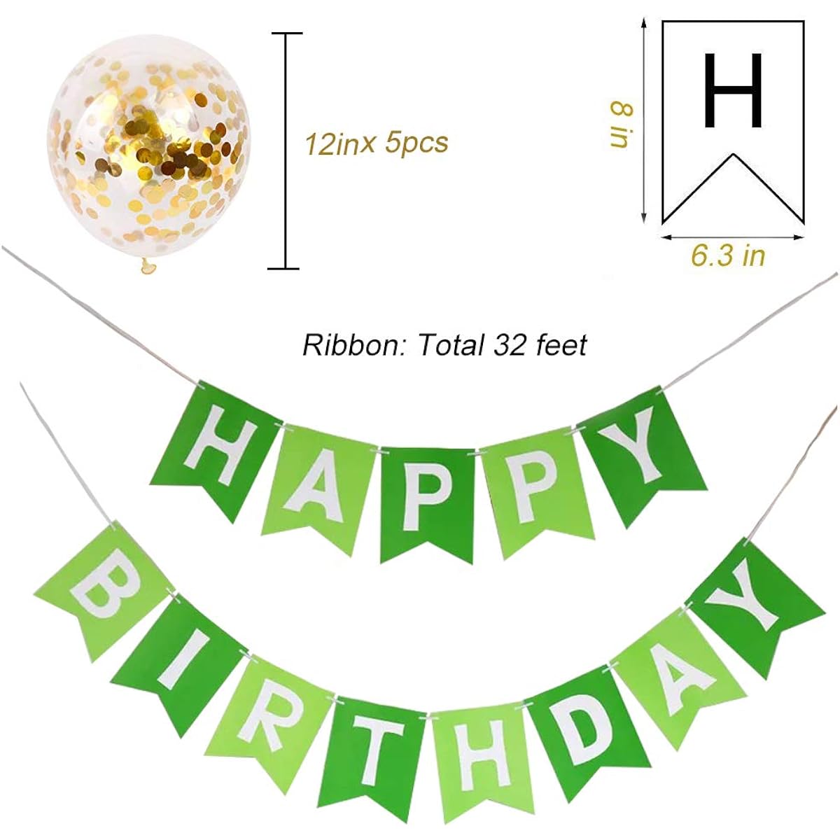 Tellpet Happy Birthday Banner with 5 Gold Confetti Balloons, Green