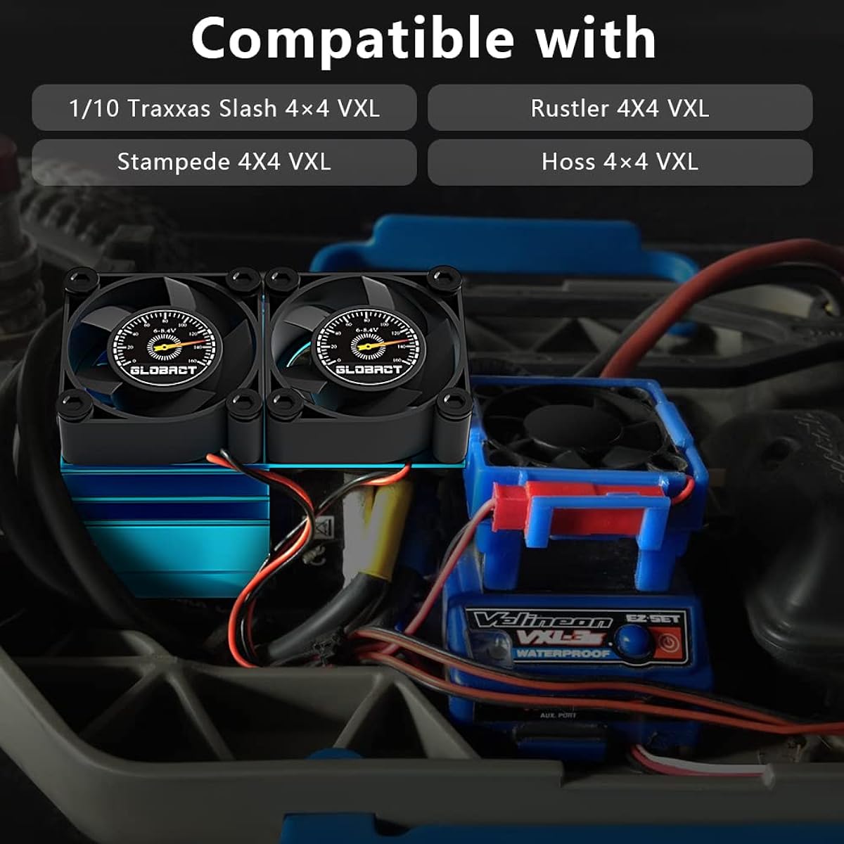 GLOBACT VXL-3s ESC Cooling Fan and Motor Cooling Fan Dual Fan Set for 1/10 Traxxas Slash 4x4 Stampede 4x4 Rustler 4x4 Traxxas 3340 Velineon VXL-3s Cooling Fan Replacement (Blue)