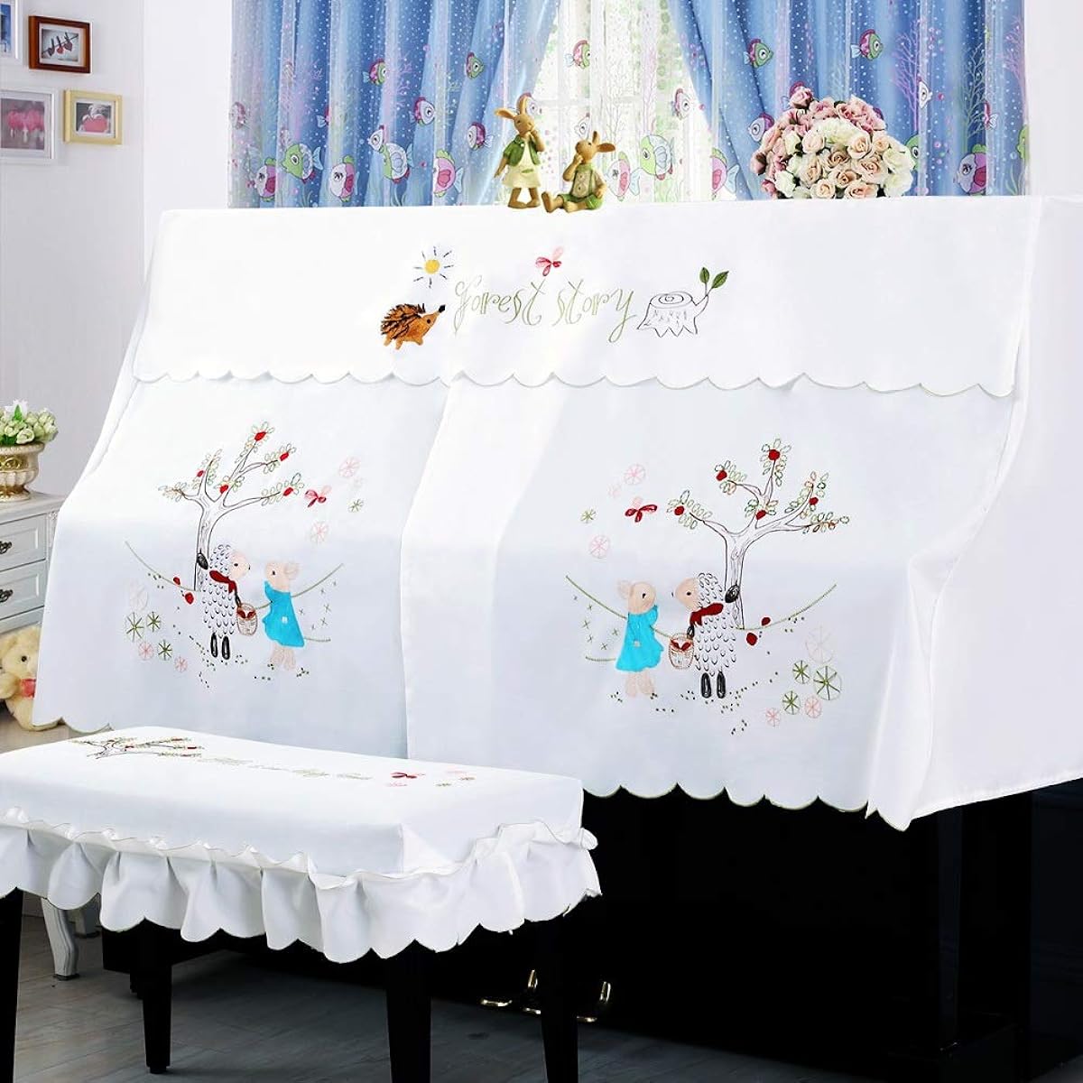 Piano Cover Bench Cover Cloth White Korean Style Classic Piano Half Cover Polyester Fabric Cartoon Piano Dust Cover Luxurious Durable Fabric (Color: White, Size: Double Bench-L)