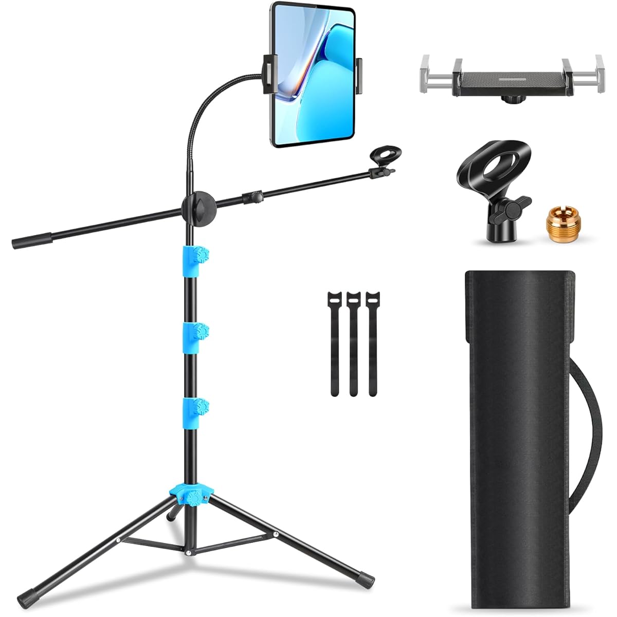 PPH-Sisy Microphone Stand Floor 6-in-1 Boom Mic Stand Tripod Adjustable 35-66 Inch Portable Gooseneck Microphone Stand with Boom Microphone Clip Tablet Cell Phone Holder Carry Bag