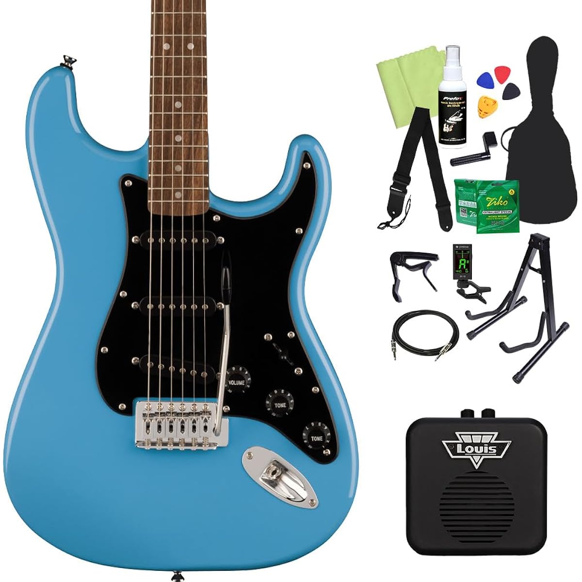 Squier SONIC STRATOCASTER Electric Guitar Beginner 14-Piece Set (Mini Amp) CAB Stratocaster