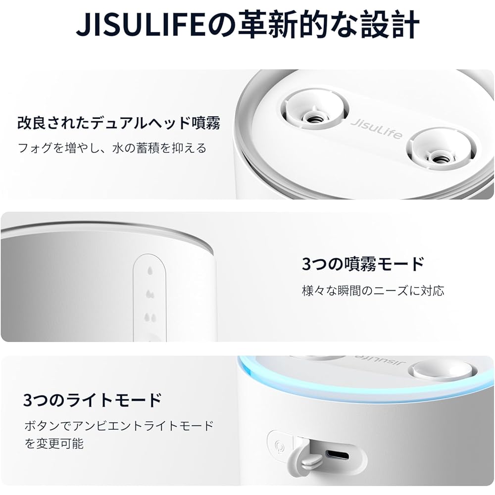 JISULIFE Humidifier for Desktops and Bedrooms, Large Capacity 3.2 gal (1 L), Double Spraying, 3 Adjustable Modes, Small Humidifier, Rechargeable Humidifier, 8,000 mAh Large Capacity Battery, 16 Hours