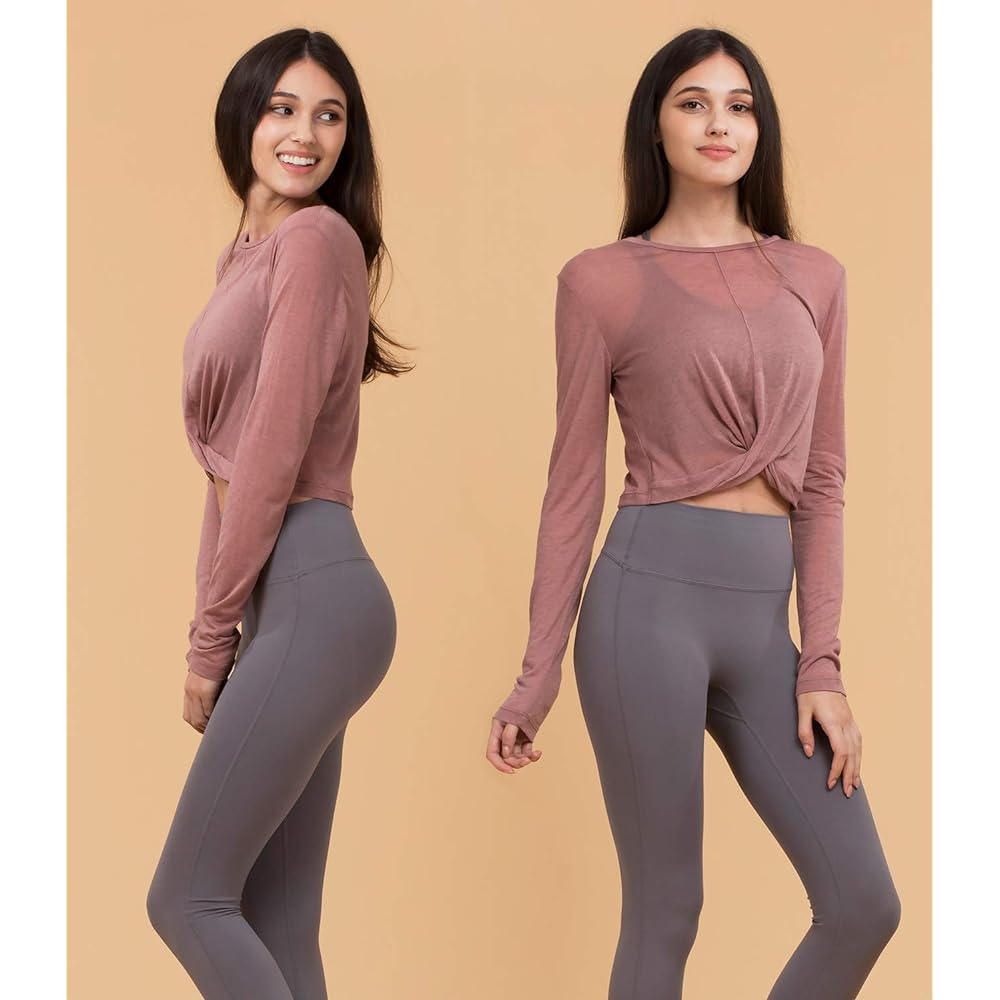 [reinamora] Yoga Wear Tops Long Sleeve Cover Up TWIST CROP TOP Women's