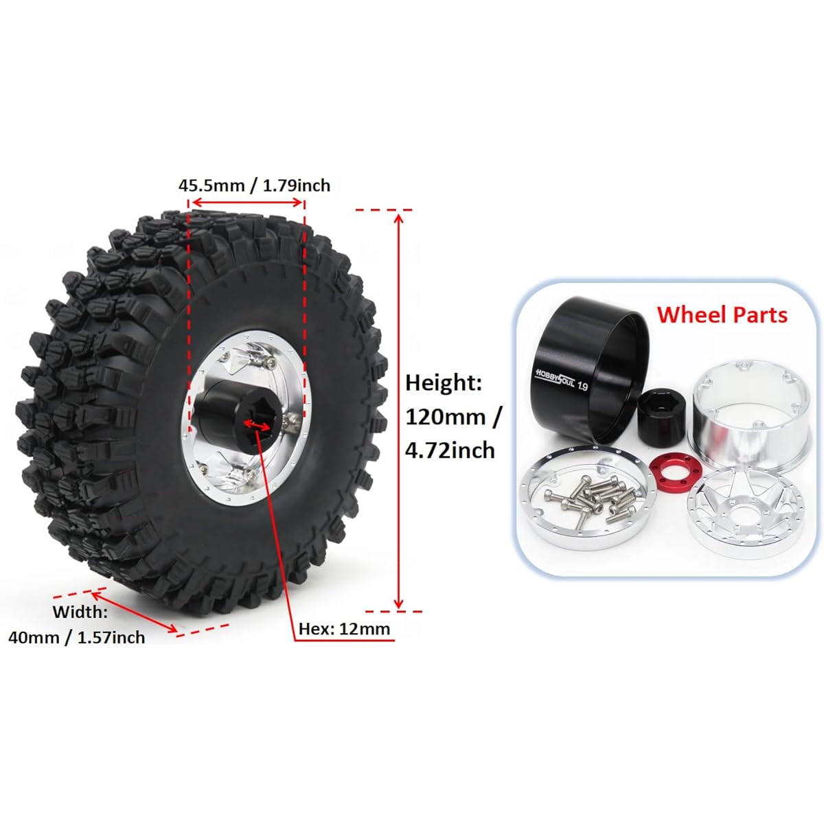 HOBBYSOUL RC 1.9 Tires Tyre 4.72" Height & Aluminum 1.9 Beadlock Wheels Adjustable 4 Offset Rims Silver 6 Spokes for 1/10 Mud Crawler SCX10 TRX4 Gen8 (4 Pack)