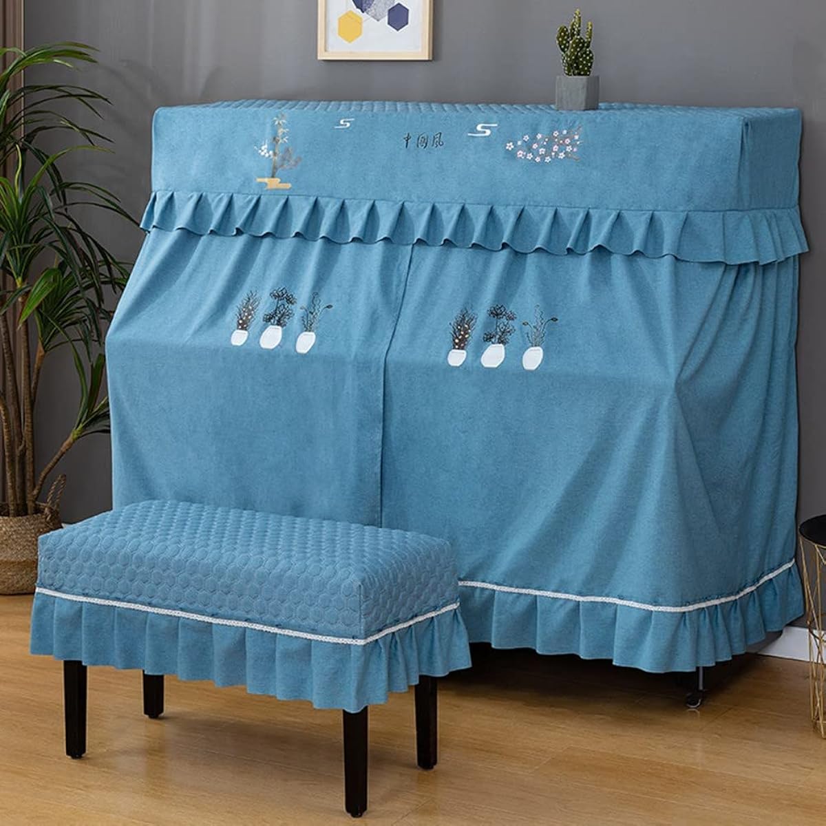 Upright Fabric Piano Cover Nordic Piano Cover Dust Cover Protects the Piano from Aging Full Cover Half Open with Stool Cover(4,B)