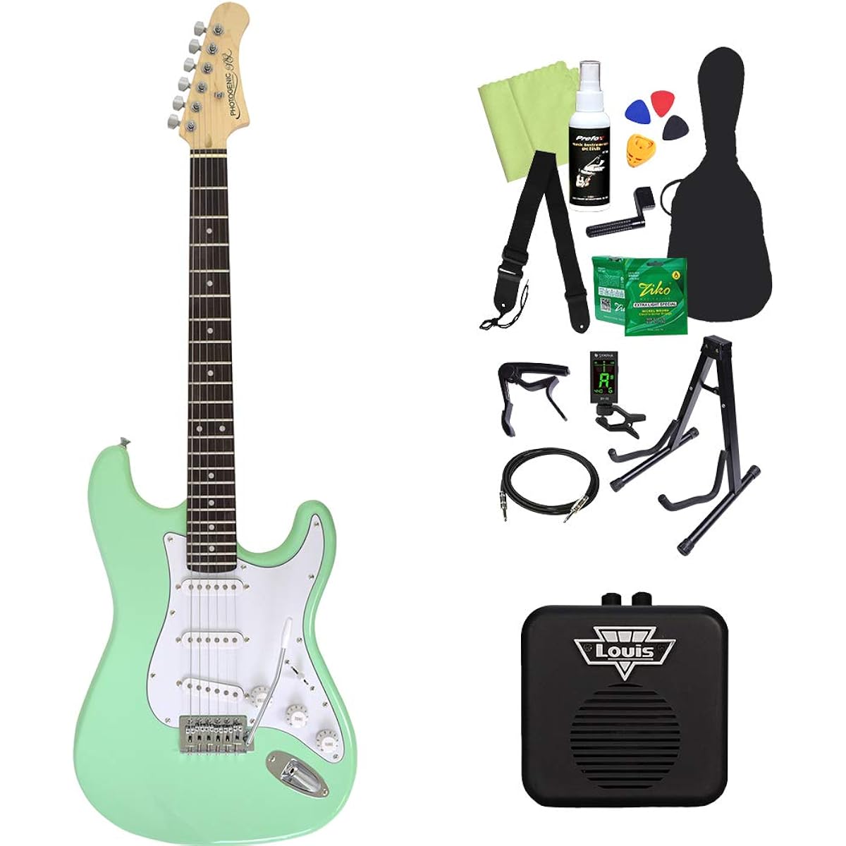 Photogenic ST-180 SFG Electric Guitar Beginner 14-piece Set [With Mini Amplifier] Stratocaster Type Surf Green Photogenic