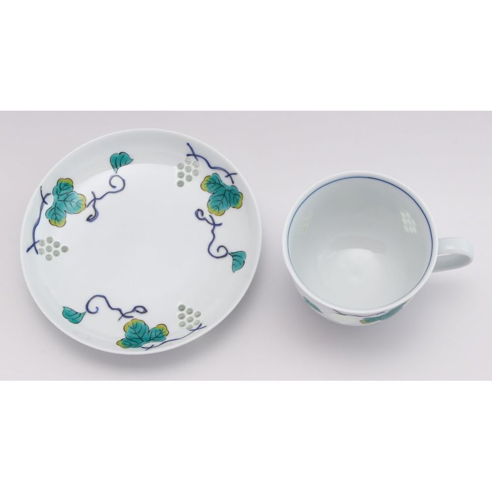 Saisei Ceramic Cup_Saucer White 210ml Hasami Ware Crystal Carving Coffee Bowl Dish Large Grape Painting