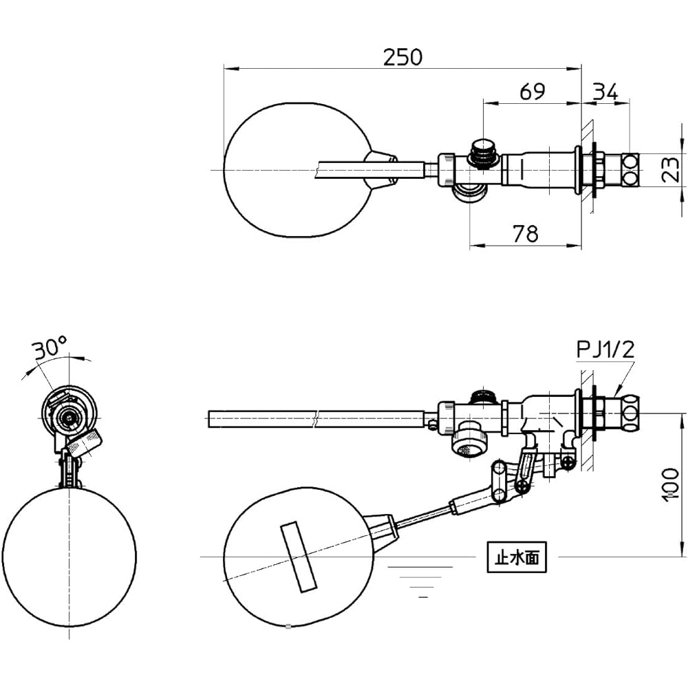 SANEI Toilet Parts Ball Tap with Auxiliary Water Pipe, No Hand Wash, For Siphon Type PJ1/2 V45-X-13