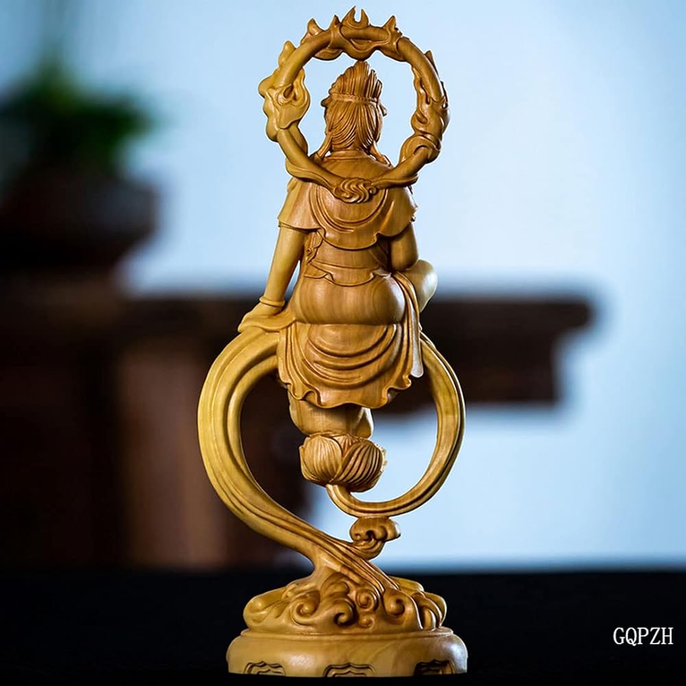 Wood Carving Buddha Statue Kannon Bodhisattva Buddhist Altar Buddha Statue Pray Warm Off Good Quality Natural Boxwood Wood Carving (Height 17cm x Width 7.5cm x Depth 4.5cm) (Guanyin Bodhisattva Seated Statue - Boxwood)