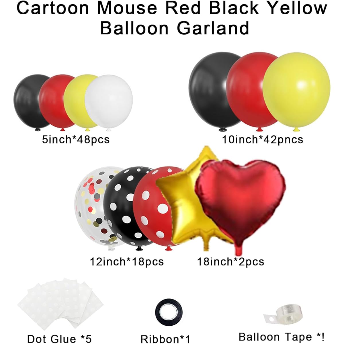 WARRENSON Cartoon Mouse Balloon Garland Arch Kit 110 Pieces 18"/12"/10"/5" Black Yellow Red Confetti Latex Balloons Themed Baby Shower Celebration Birthday Party Decorations
