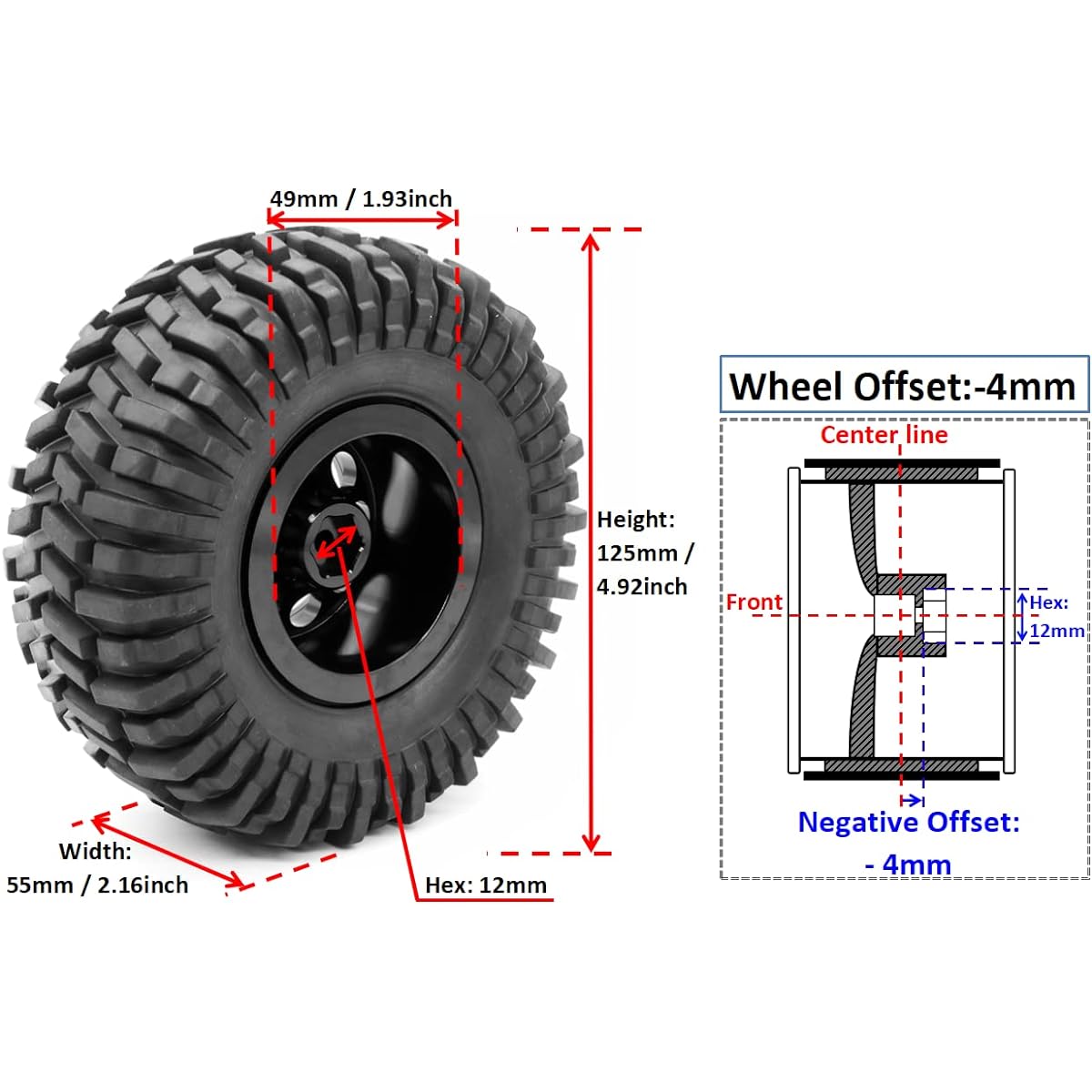 4pcs RC Crawler 2.2 Mud Tires Height(OD):125mm & Aluminum 2.2 Beadlock Wheel Rim Hex 12mm