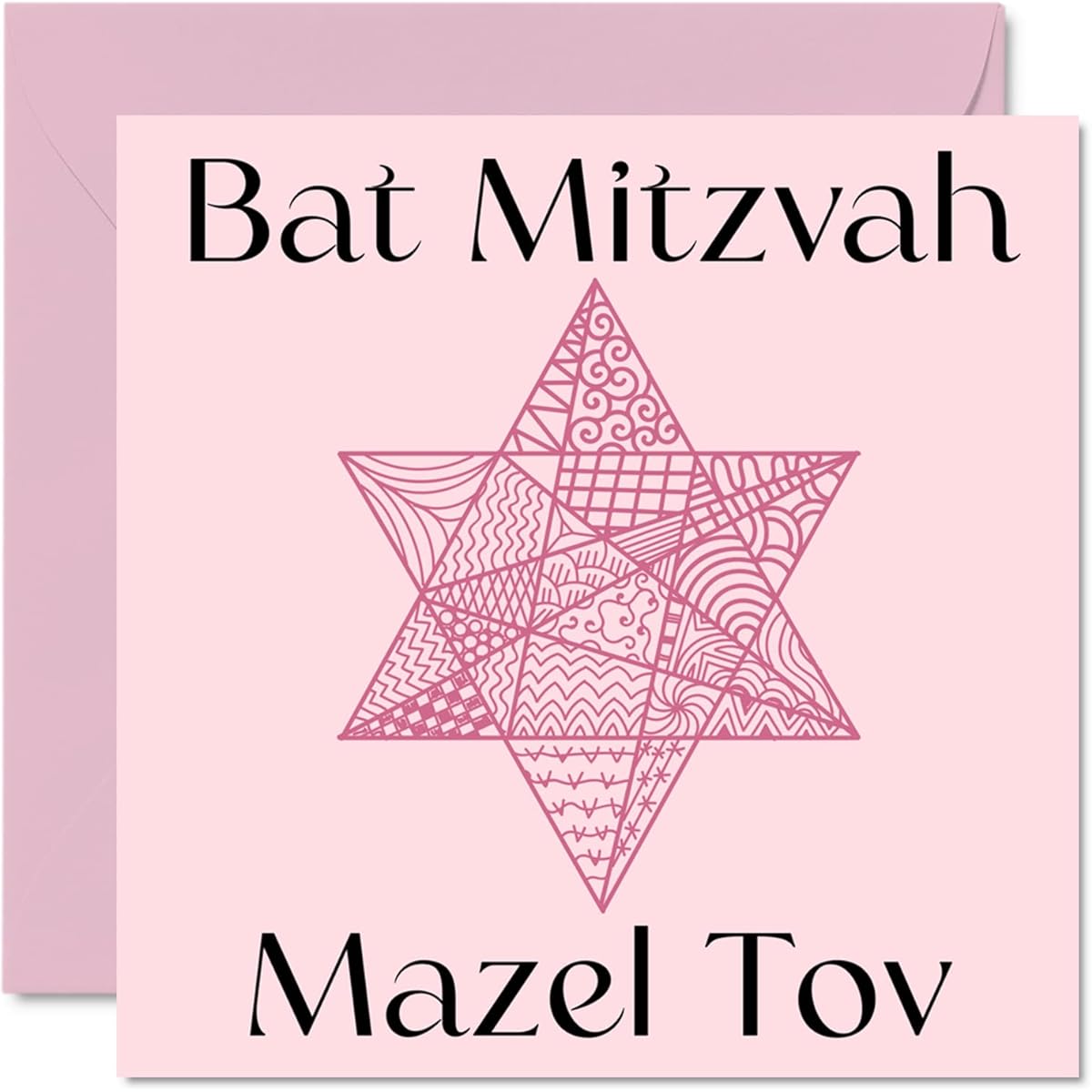 Bat Mitzvah Card for Girls and Women - Zentangle Star of David - Mazel Tov Lucky Celebration Gift Bat Mitzvah Gift Girl Gift 5.7 x 5.7 Inch Jewish Gift Greeting Card Bar Mitzvah Card