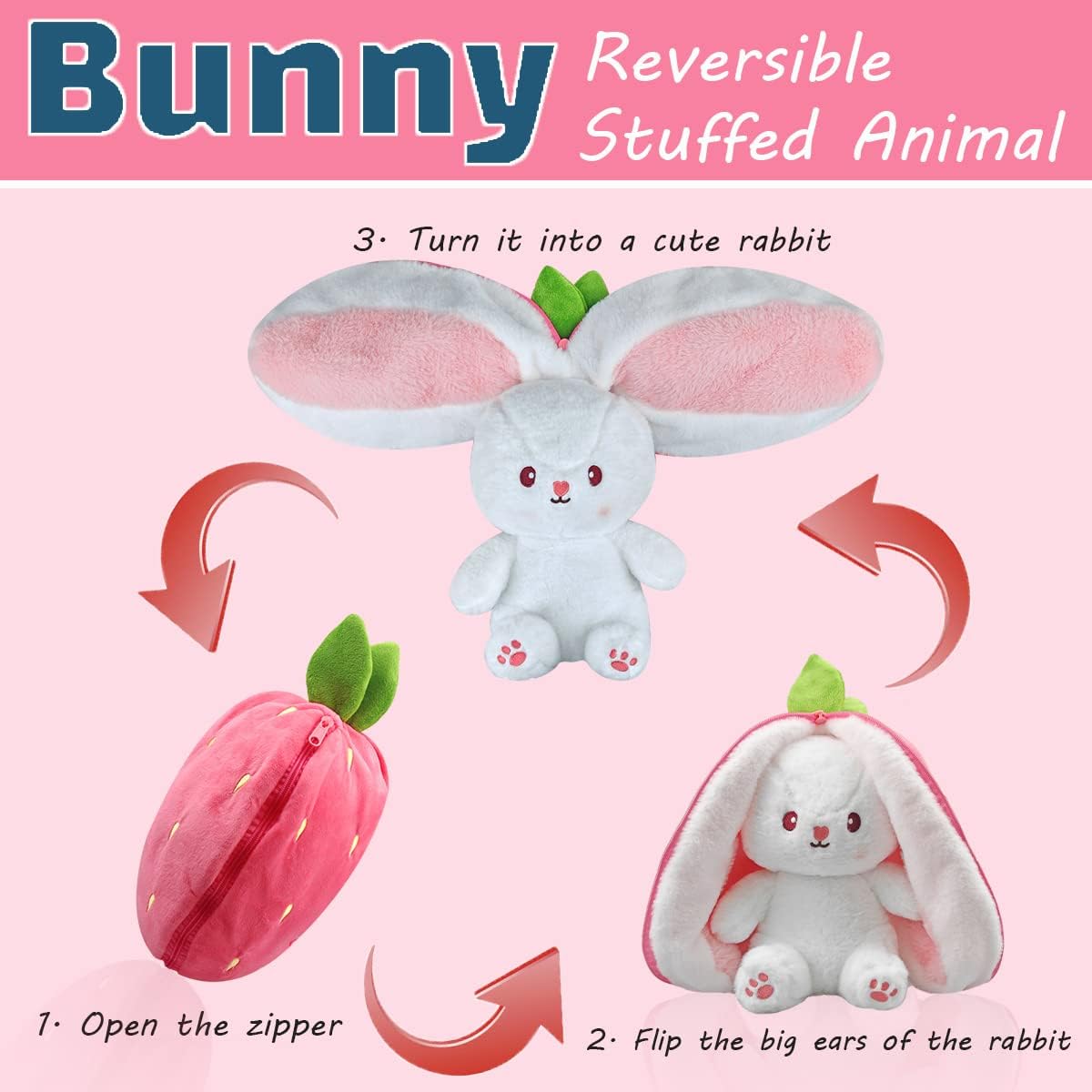 OSQI Reversible Bunny Plush - Carrot Strawberry Plush with Zipper - Soft and Adorable Rabbit Toy Pillow for Kids and Adults, Easter Gift and Decor