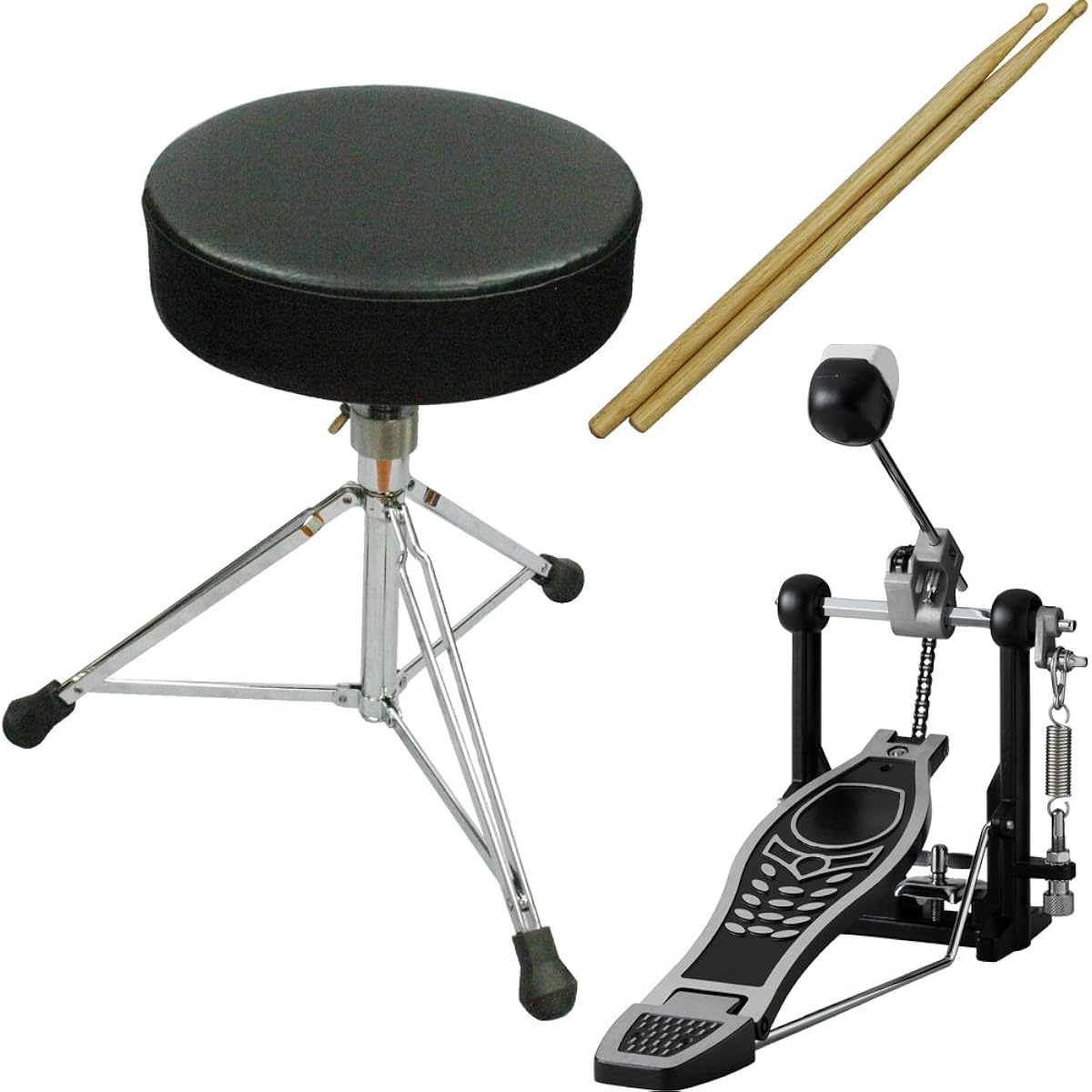JUG JPT900 3-piece drum accessory set: drum stool, kick pedal, and pair of sticks (Jug)