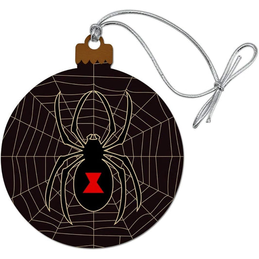 Wood Christmas Tree Holiday Ornament with Black Widow Spider Web