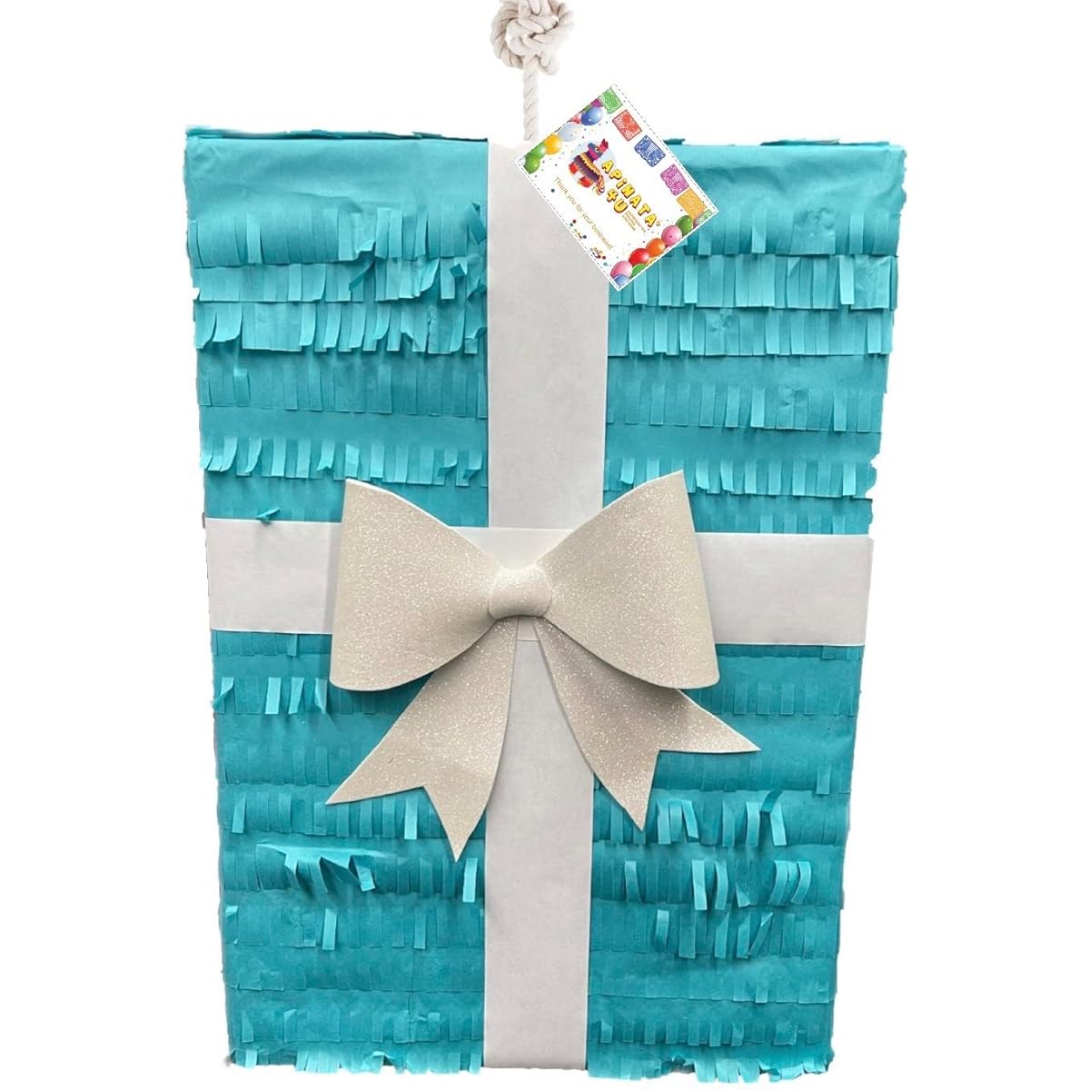 Christmas Gift Box Pull Strings Pinata Colour White & Gold Bow