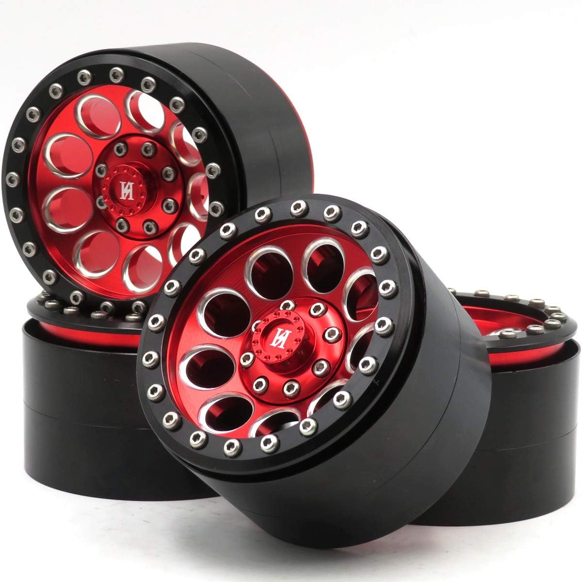 hobbysoul Set of 4 RC Crawler Aluminum 2.2 Beadlock Wheels Rims Hex 12mm Red/Black RC Rock Crawler Mud 2.2 Tires