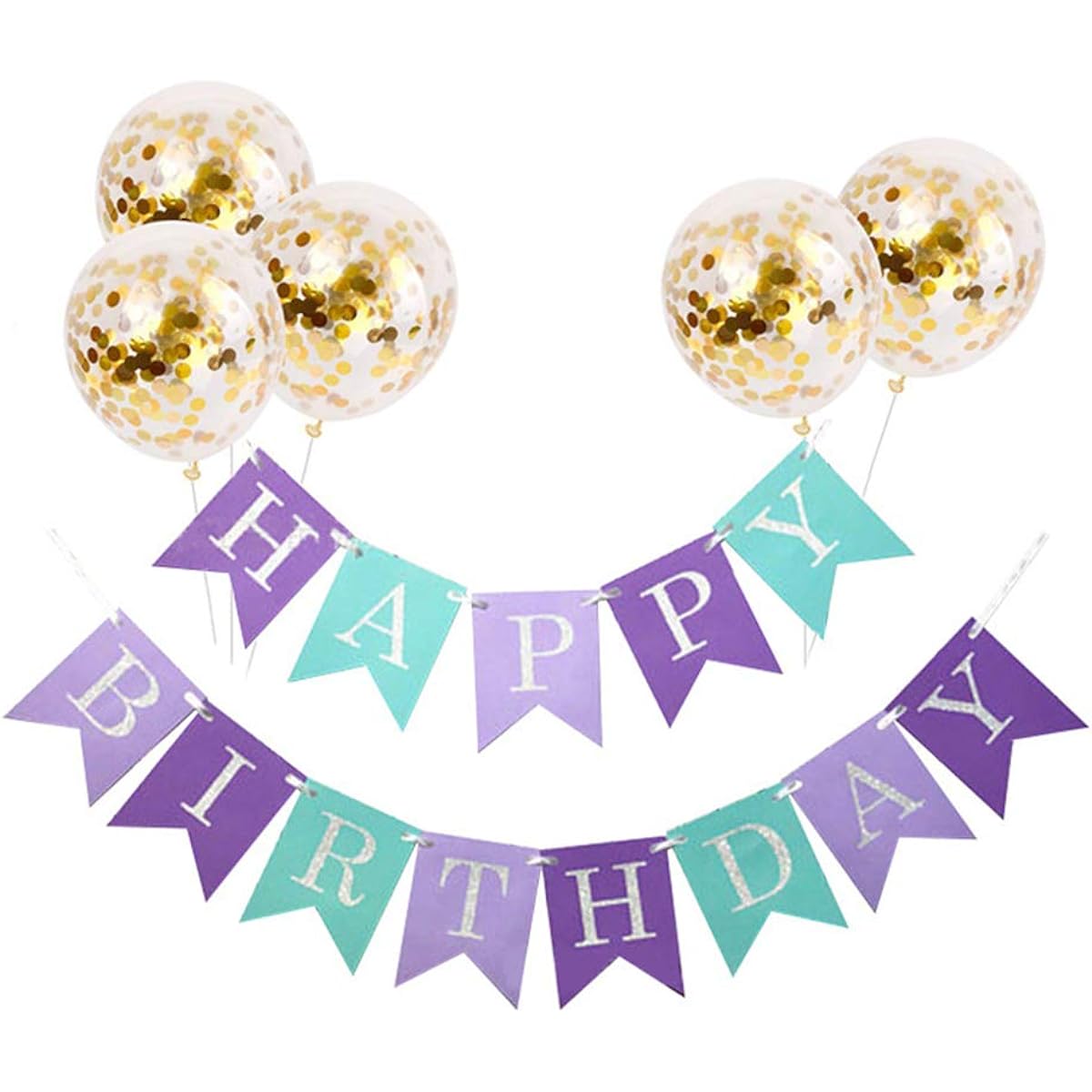Tellpet Multicolor Purple HAPPY BIRTHDAY Banner with 5 Gold Confetti Balloons