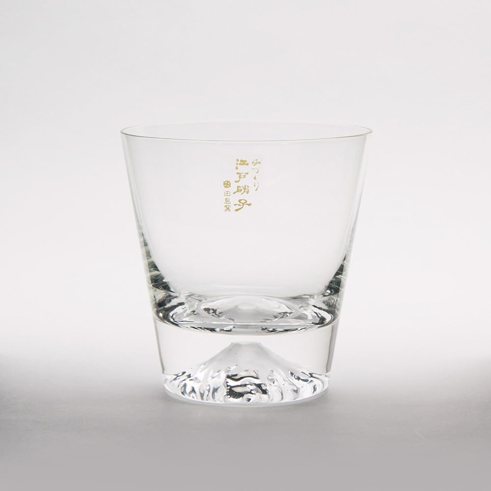 [Premium Gift Set] Tajima Glass Mt. Fuji glass set with Mt. Fuji shining on the bottom Fuji glass / Mt. Fuji Hoei glass (clear) / Pair set with wooden coaster