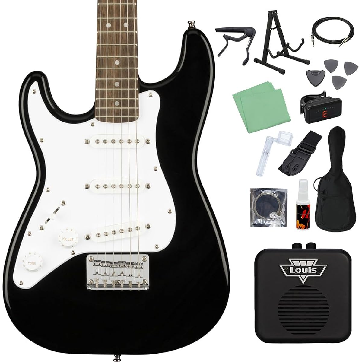 Squier by Fender Mini Stratocaster Left-Handed Black Electric Guitar Beginner 14-piece Set [Mini Amp Included] Mini Size