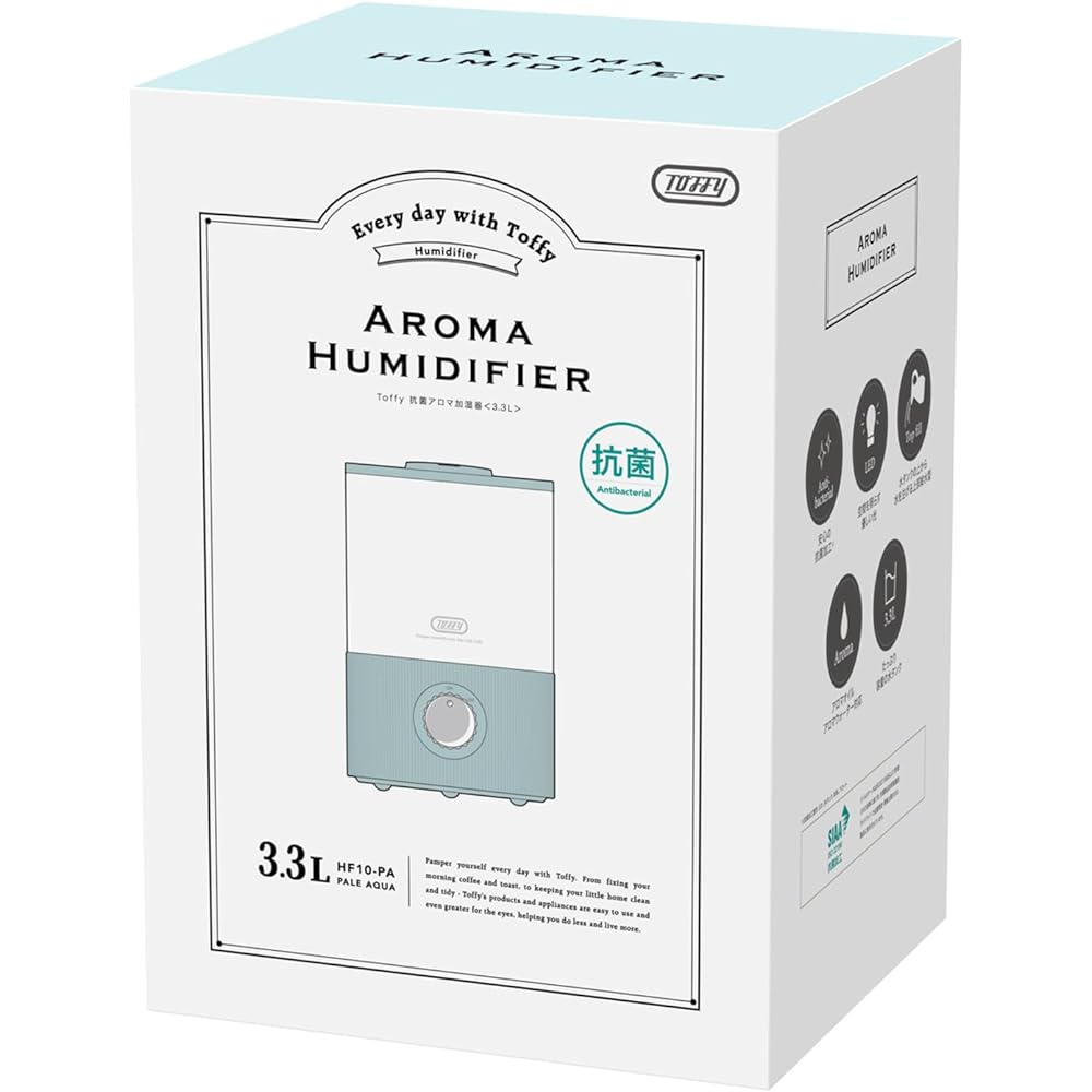 [Toffy] Antibacterial aroma humidifier <3.3L> HF10 (Pale Aqua) Antibacterial Top water supply type Large capacity with LED light Compatible with aroma water/aroma oil Retro Stylish Cute HF10-PA
