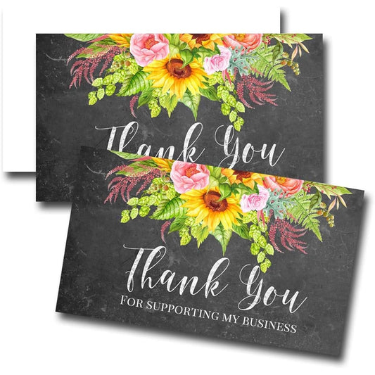 AmandaCreation Chalkboard Floral Sunflower Thank You Customer Appreciation Package for Small Business, 100 Count, 2" X 3.5" Single Sided Insert Cards