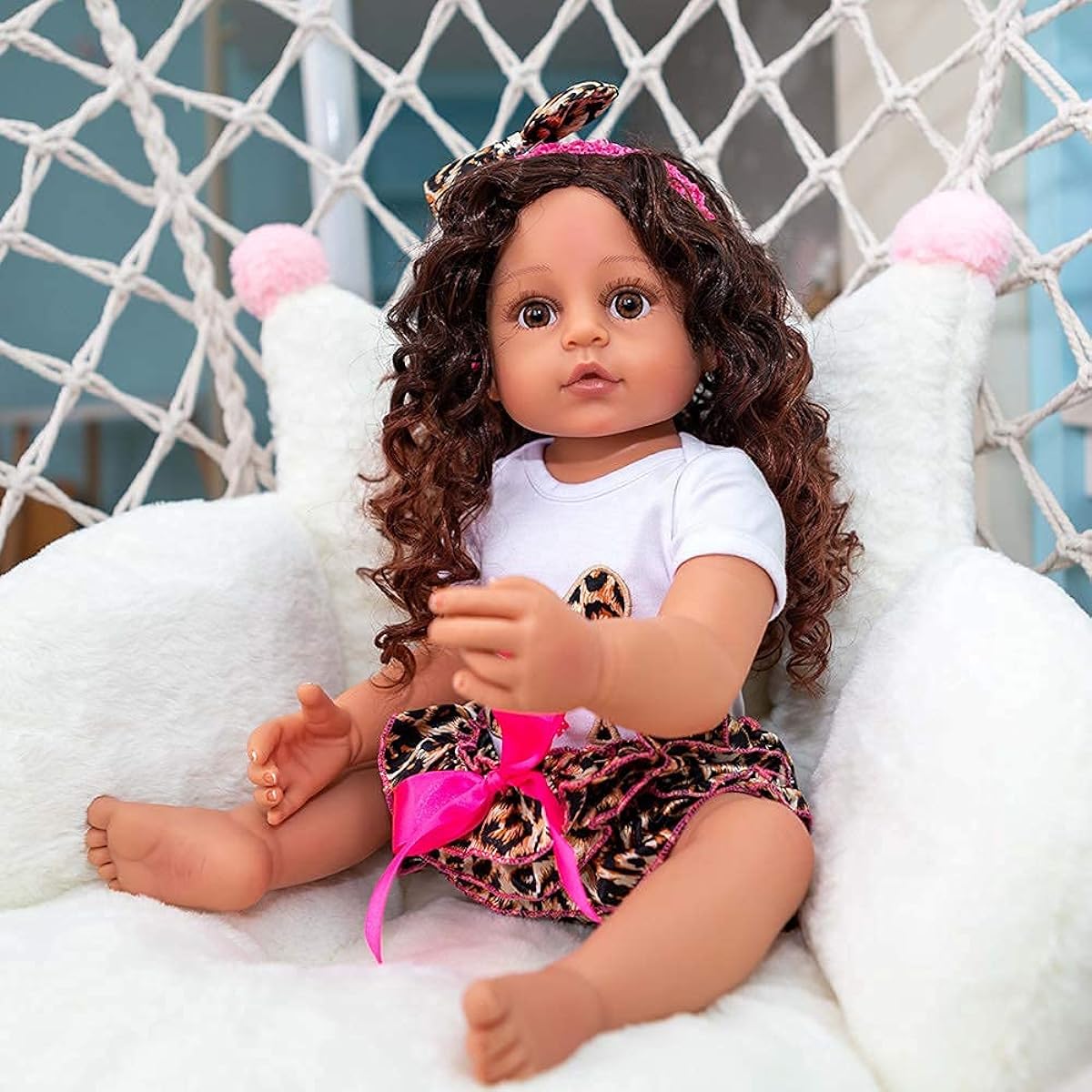 ROSHUAN Lifelike Reborn Doll 22 Inch Black African American Baby Girl Full Body Silicone Vinyl Baby Doll Curly Hair Gift for Girls