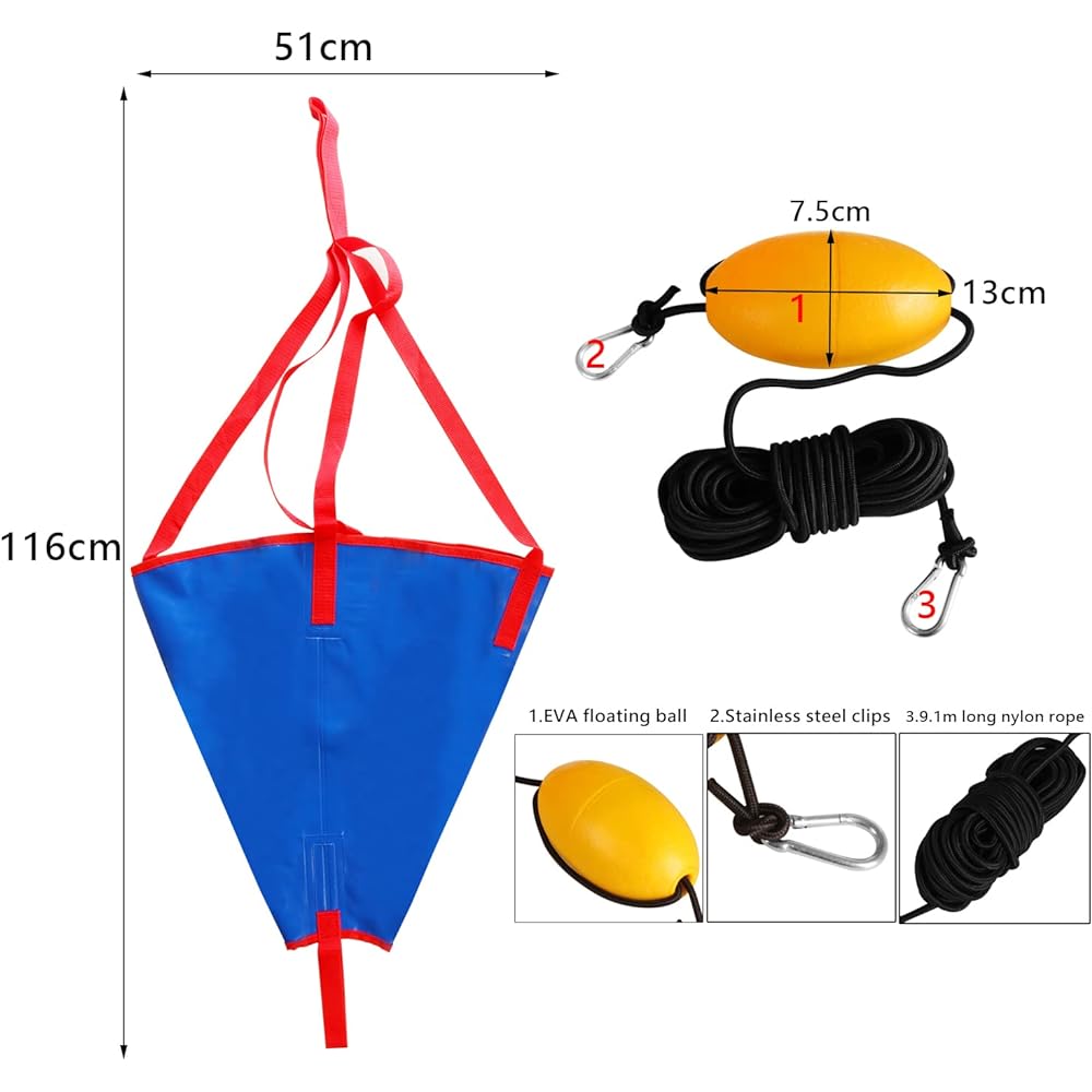 18ft Kayak Tow Rope Line Buoy Ball Float Leash Sea Brake System + PVC Sea Anchor Rogue Sailing Drift Brake Drift Socks Suitable for 12-14ft/14-16ft Marine Boat Yacht Kayak