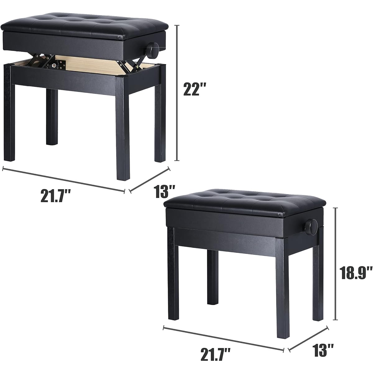 Mu PU Leather Adjustable Piano Bench with Waterproof Cushion Inner Solid Flip Top Extra Music Storage for Single Person (Black)