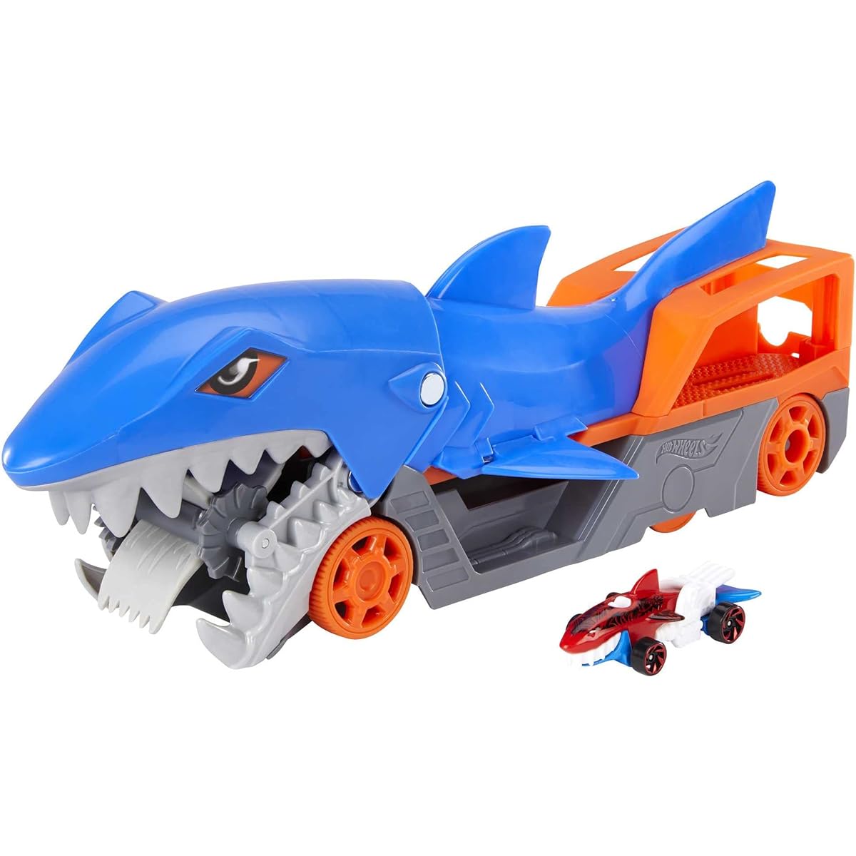 Hot Wheels Shark Chomp Transporter Playset with One 1:64 Scale Car for Kids 4 to 8 Years Old, Shark Bite Hauler Picks Up Cars in Its Jaws & Stores Up to Five in Its Belly