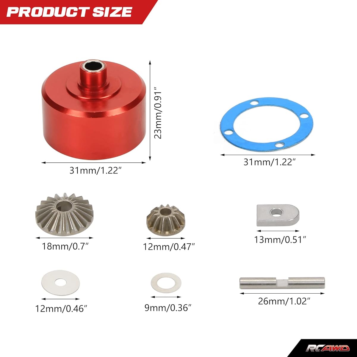 RCAWD Metal Diff Case Diff Gear Set Diff Gasket for Arrma 1/7 1/8 6s Karton Mojave Outcast Notorious Talion RTR Hopups Parts Red