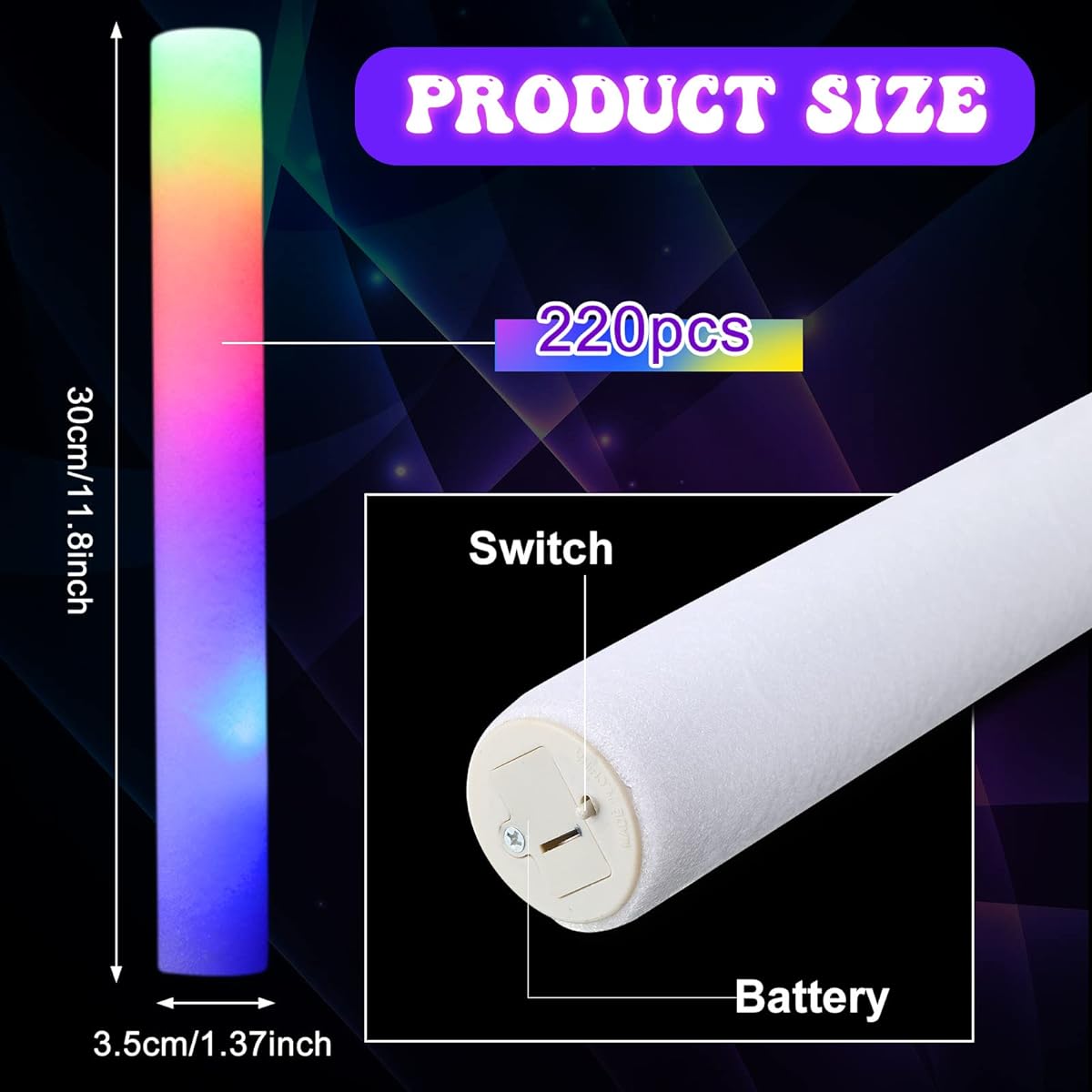 220pcs LED Light Up Foam Sticks Colorful Flashing Glow Sticks 3 Modes Glow in the Dark Party Supplies for Wedding Birthday Christmas Halloween Concert Rave Festival