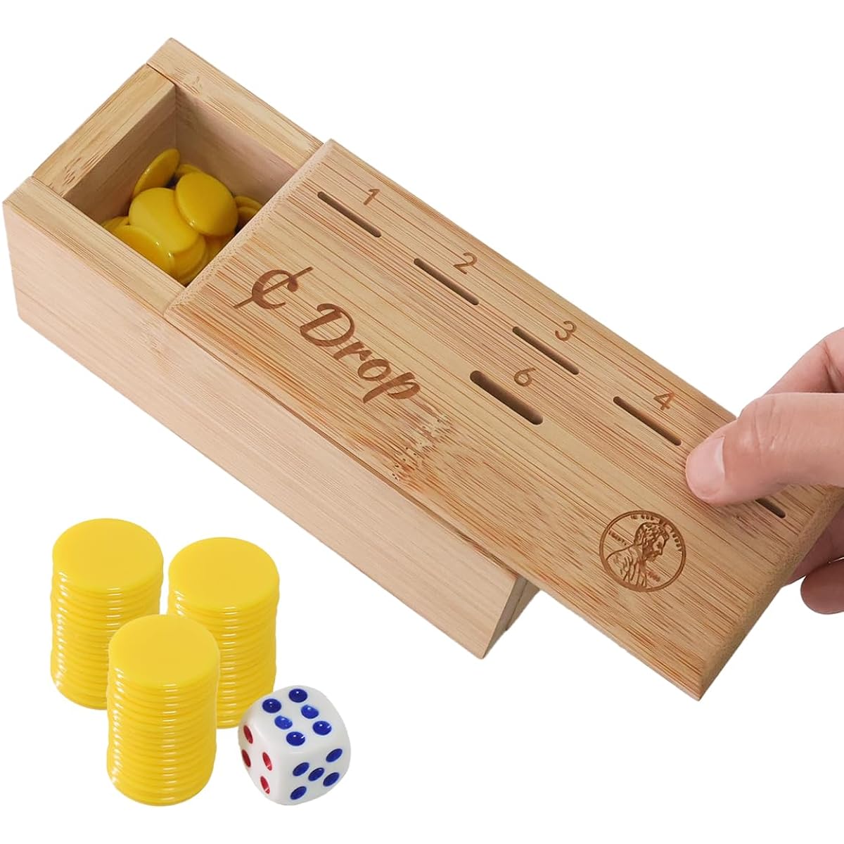 FULLOSUN Coin Drop Game Box Penny Dice Game Bamboo Tabletop Board Game Set for 2-6 Players Wooden Penny Game Box (Bamboo Chips + Dice Included)