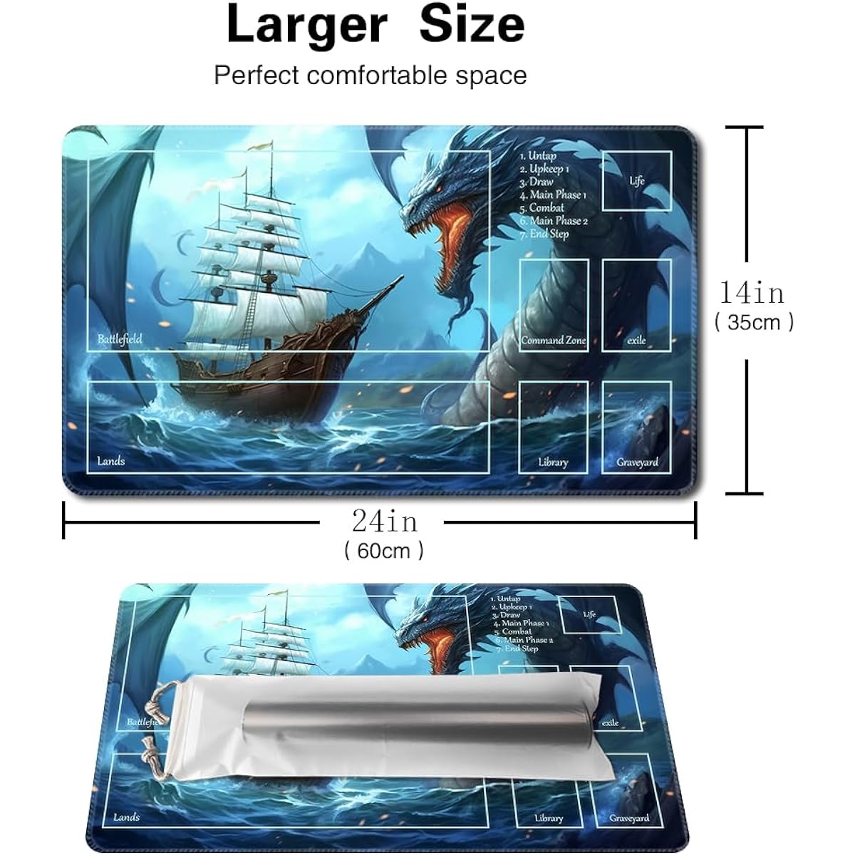MTG Playmat Size 24x14" Free Storage Bag Non-Slip Backing Print Perfect for Card Game Lovers TCG Playmat Mouse Pad (Lake Dragons, Zones Included)