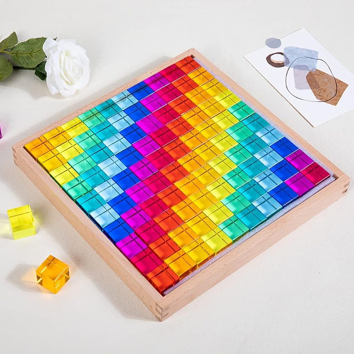 Rainbow Building Blocks Set, Rainbow Acrylic Gemstone Cube, Educational Toy Color Education with Storage Case, Smooth and Transparent Appearance, Ideal Gift for Birthday, Christmas (Happy Castle 50 Capsules)