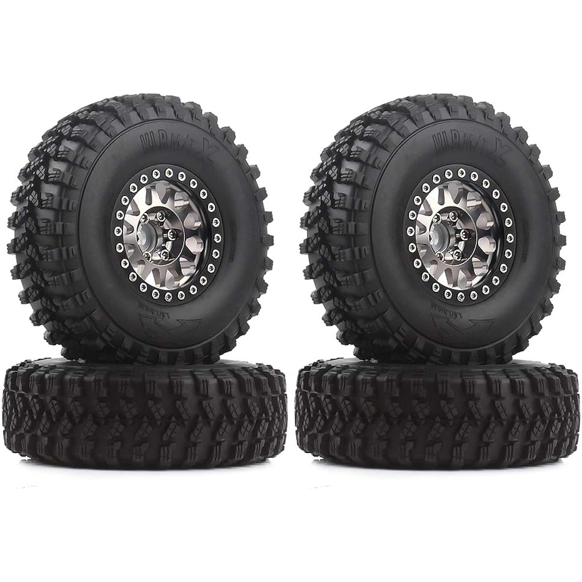 INJORA 4Pcs 1.9 Beadlock Wheel Rim Rubber Tire Set for 1/10 RC Crawler Traxxas TRX-4 Axial SCX10 90046 D90 Voodoo KLR (Silver and Black)