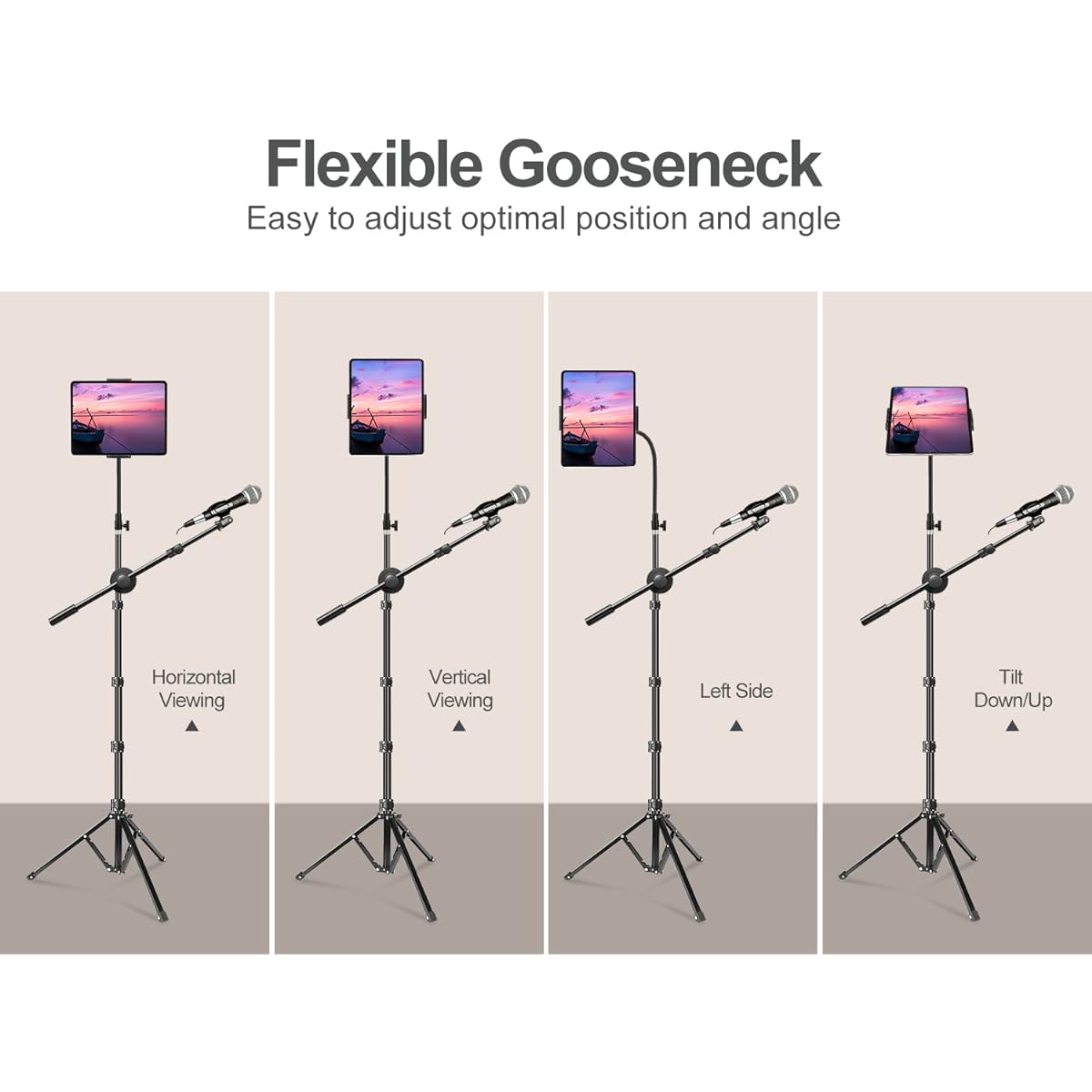 elitehood Boom Microphone Stand with iPad Holder, Heavy Duty Microphone Stand with Tablet Holder Mount, Tablet Floor Tripod Stand for iPad Cell Phone Mic, Foldable Microphone Stand for Singing & Music