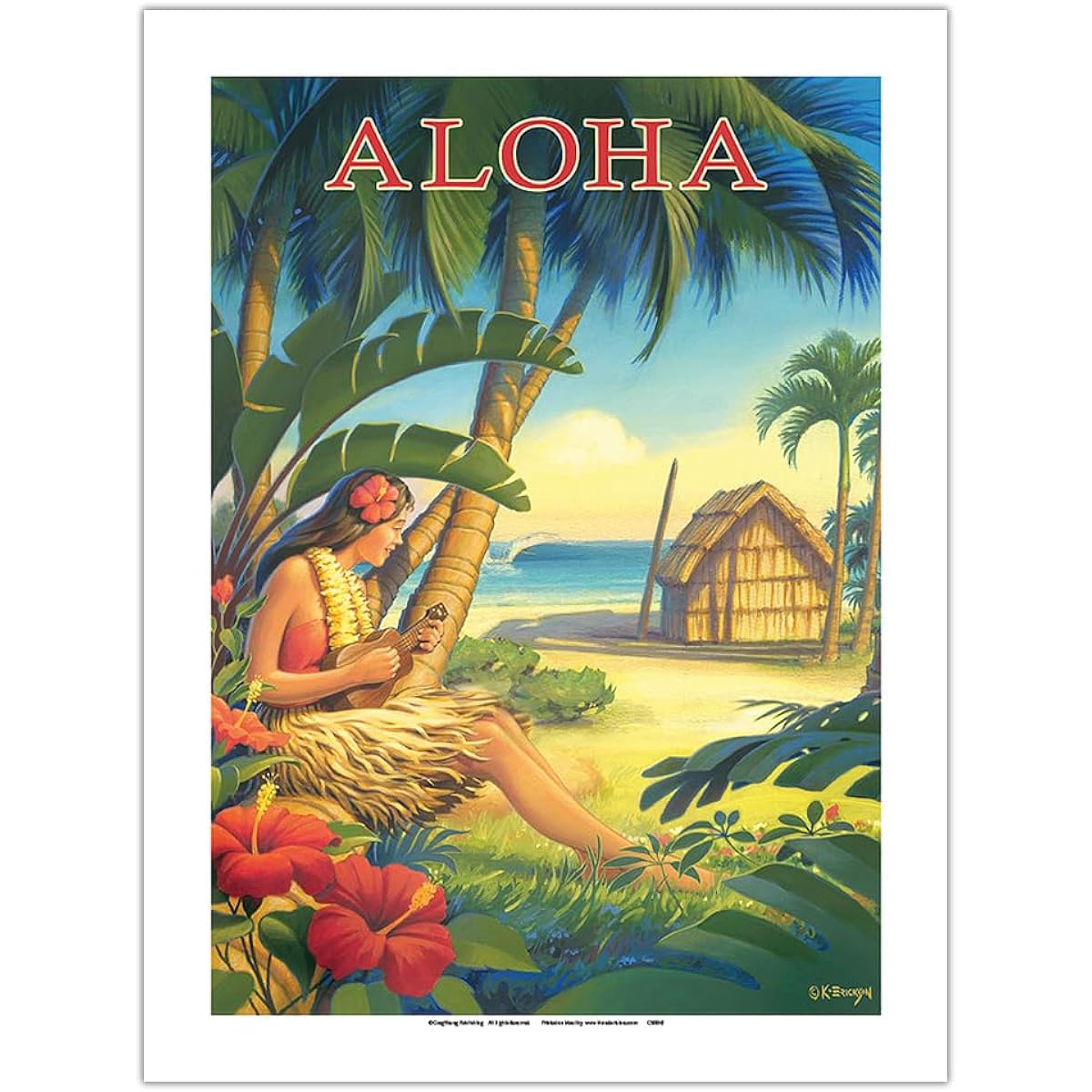 Pacifica Island Art Aloha - Hawaii - Ukulele and Hula Dancer - Vintage Hawaiian Travel Poster by Köln Erickson - Premium 290gsm Bamboo Paper Print 24x32 inches
