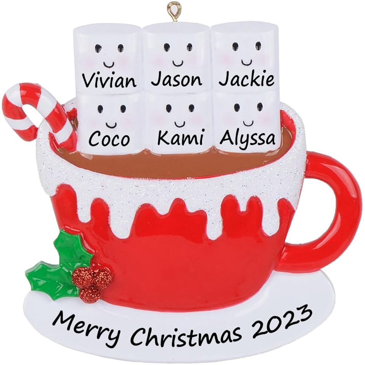 MAXORA Personalized Marshmallow Mug Family of 6 Christmas Ornament Resin Hot Chocolate Mug Cocoa Family Christmas Tree Ornament Keepsake Gift for Mom Dad Kids Friends Siblings