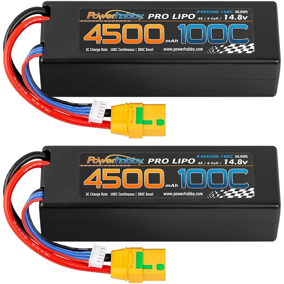 Powerhobby 4s 14.8V 4500mah 100c Lipo Batery Xt90 Hard Case 4 Cells (2 Pack) Fits: Arrma Kraton Nero Tyhpon Senton Tailon Outcast FAZON