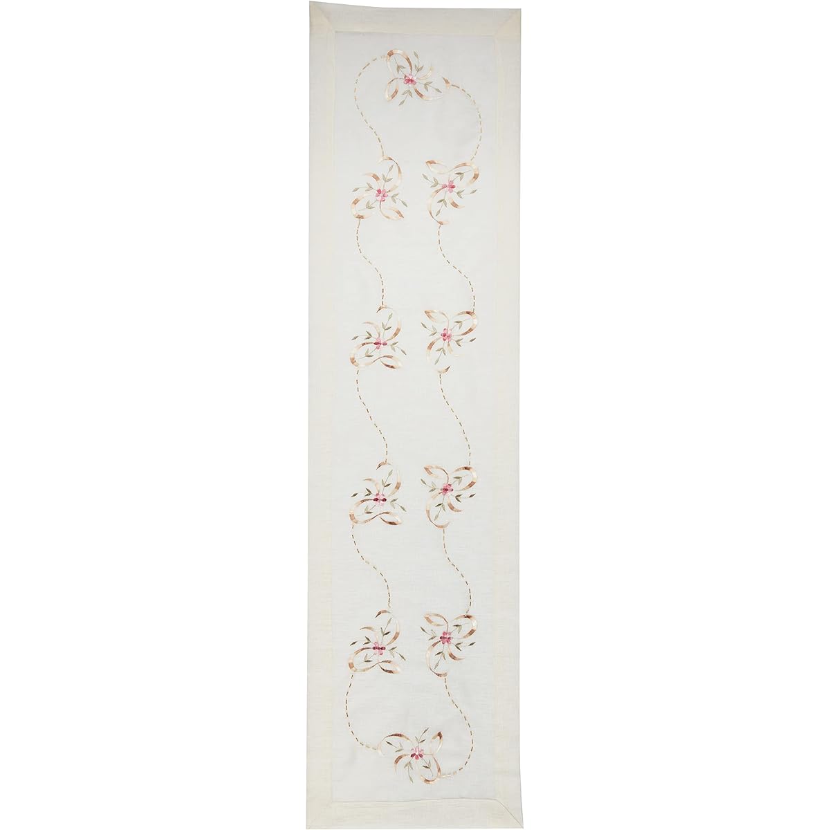 Violet Linen Ribbon Lace Pattern Polyester Embroidered, Beaded Decorated Table Runner, 14" x 54", Ivory